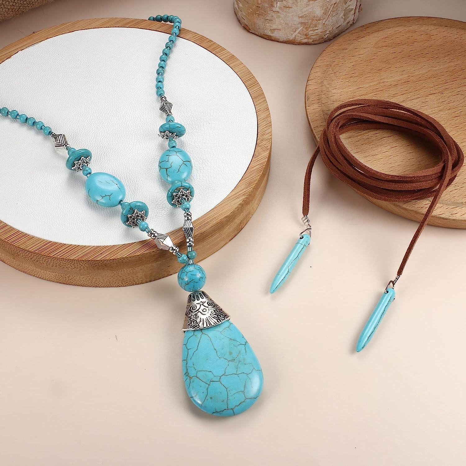 Florideco Bohemian Turquoise Jewelry Set Turquoise Pendant Necklace Turquoise Faux Leather Cuff Bracelet Turquoise Dangle Earrings Vintage Turquoise Knuckle Rings for - Image 8